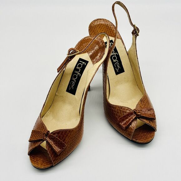 Women's Slingback Heels Shoes Size 6 Fanfares Tan Leather 3.5 in Heel Peep Toe - Picture 1 of 7